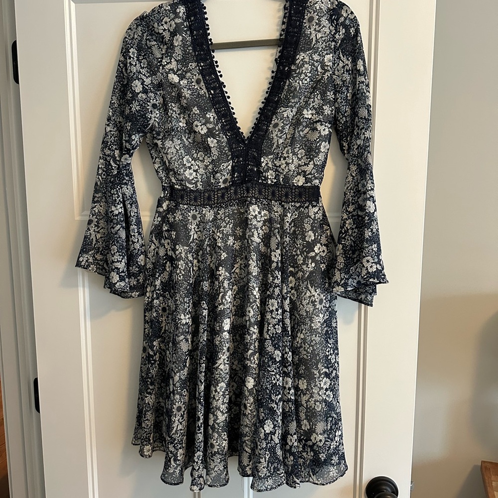 Lucy Paris White and Blue Fit and Flare Dress with Bell Sleeves